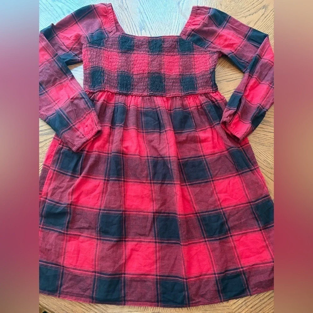 Gap Kids Girls Red Black Buffalo Plaid Smocked Long Sleeve‎ Dress XXL 14 16